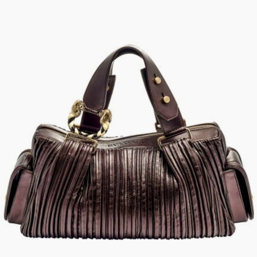 Bvlgari Bronzed Lambskin Leather Plisse Leoni Handbag